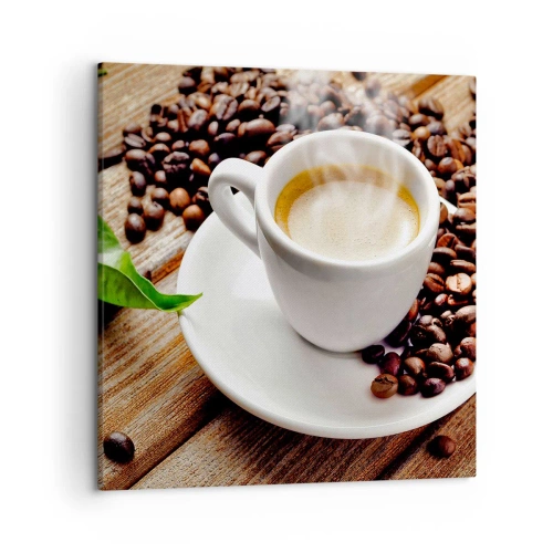 Impression sur toile - Image sur toile - Café sur un banc - 50x50 cm