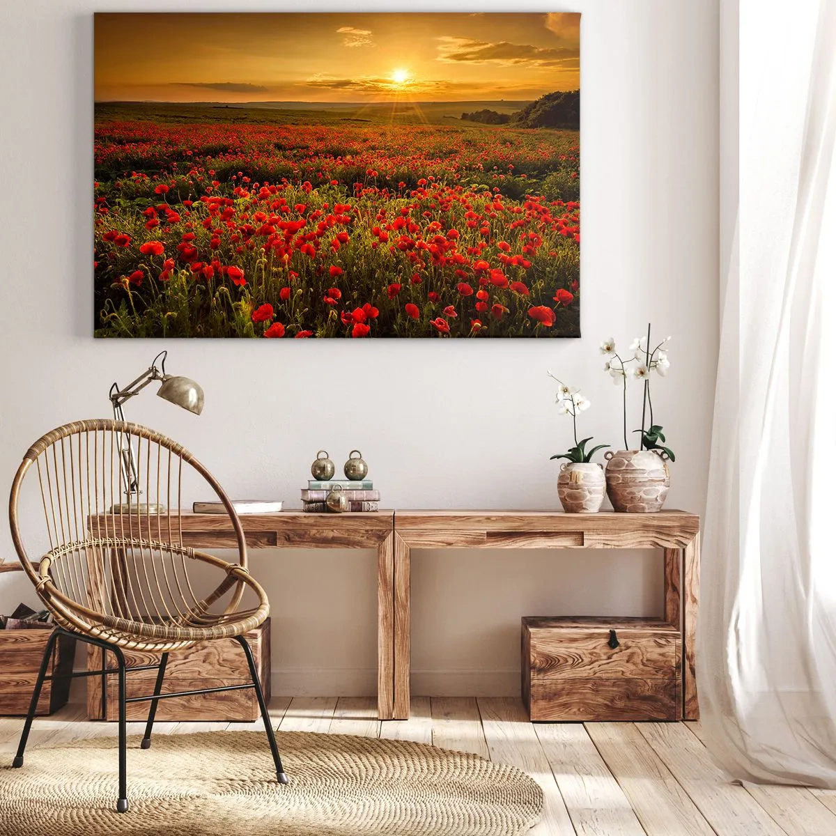Impression sur toile - Image sur toile - Un champ de coquelicots rouges dans la lueur du soleil couchant - 100x70cm - Parmi les vagues des prairies bruissantes, parmi les fleurs du déluge - Décoration murale moderne pour le salon et la chambre ARTTOR