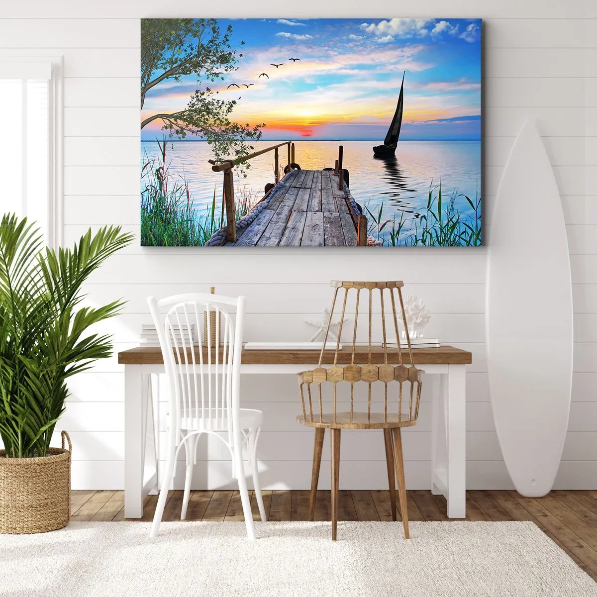 Impression sur toile - Image sur toile - Jetée du lac avec bateau et coucher de soleil - 100x70cm - Bonsoir! - Décoration murale moderne pour le salon et la chambre ARTTOR