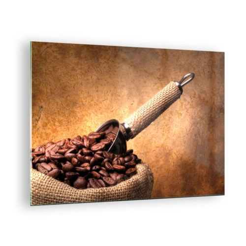 Impression sur verre - Image sur verre - Grains de café dans un sac en jute avec une cuillère en métal - 70x50cm - A la source de la saveur - Décoration murale moderne pour le salon et la chambre ARTTOR