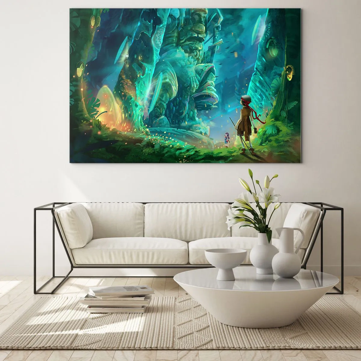 Impression sur verre - Image sur verre - Paysage fantastique avec une figure et une statue antique dans la forêt - 100x70cm - Du grand livre des contes de fées - Décoration murale moderne pour le salon et la chambre ARTTOR
