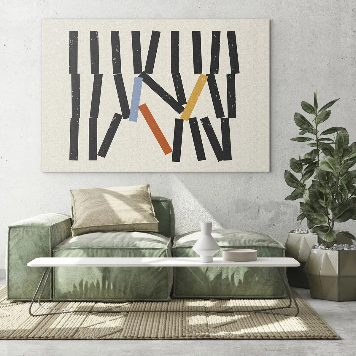 Impression sur verre - Image sur verre - Une composition graphique stylisée comme des dominos avec des accents de couleur. - 120x80cm - Dominos – composition - Décoration murale moderne pour le salon et la chambre ARTTOR