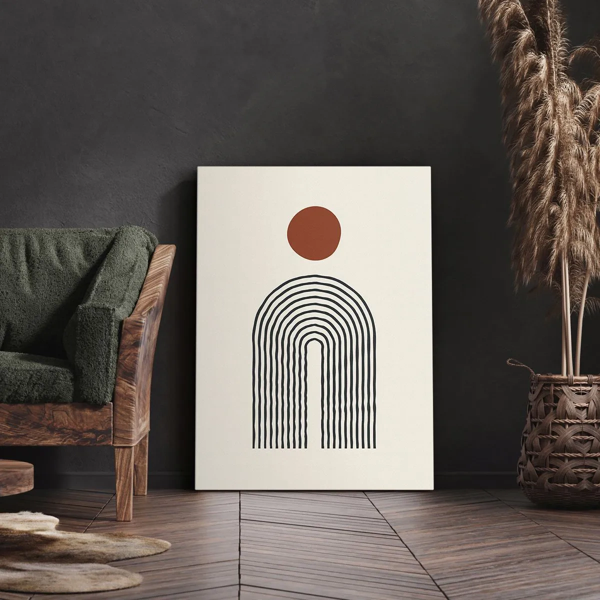 Impression sur toile - Image sur toile - Motif abstrait moderne avec des lignes et un cercle rouge - 50x70cm - Le magnétisme des formes et des couleurs - Décoration murale moderne pour le salon et la chambre ARTTOR