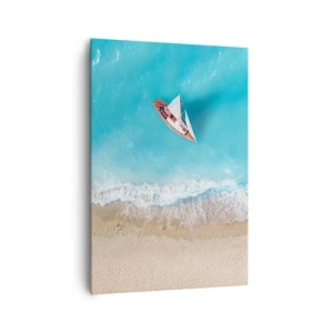 Impression sur toile - Image sur toile - Vue aérienne d'un bateau sur la plage - 70x100cm - A la frontière de l'azur et de l'or - Décoration murale moderne pour le salon et la chambre ARTTOR