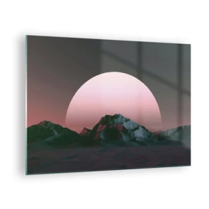 Impression sur verre - Image sur verre - Paysage abstrait avec des montagnes géométriques et un soleil rose. - 70x50cm - Dans une galaxie voisine - Décoration murale moderne pour le salon et la chambre ARTTOR