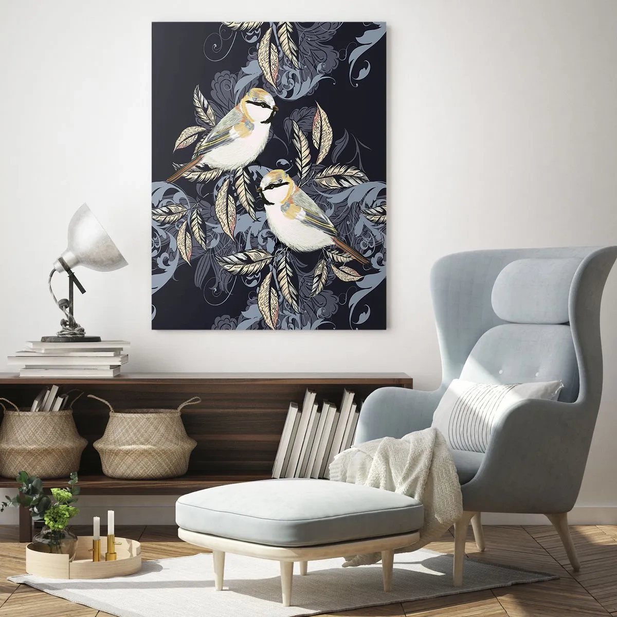 Impression sur verre - Image sur verre - Illustration de deux oiseaux sur un fond sombre avec des ornements - 50x70cm - Babillement jaune et bleu - Décoration murale moderne pour le salon et la chambre ARTTOR