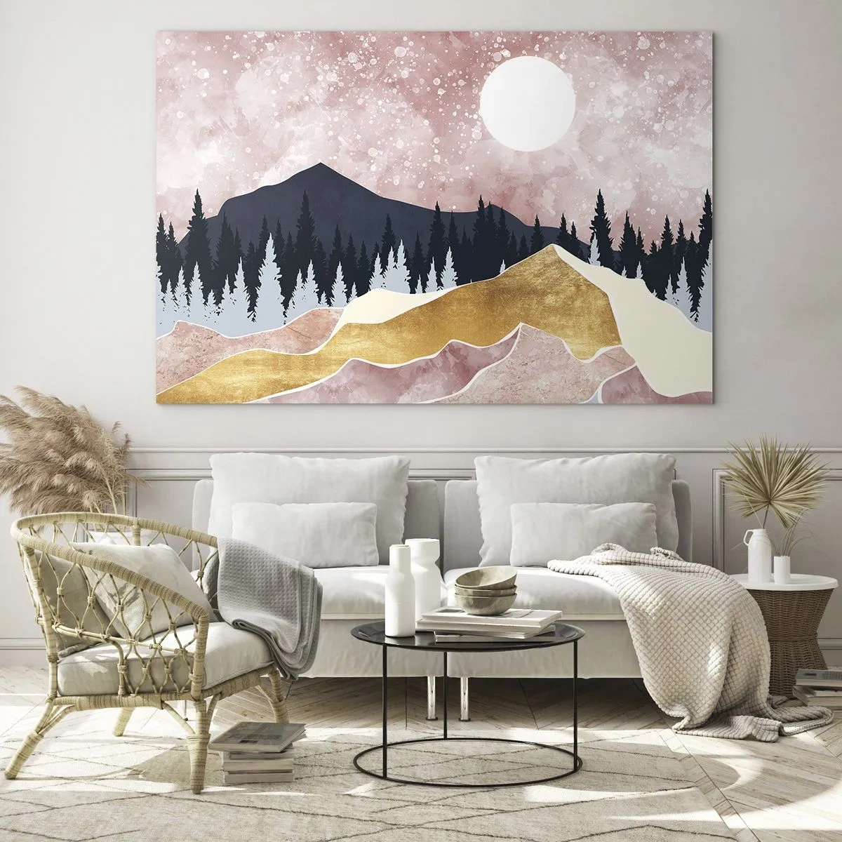 Impression sur verre - Image sur verre - Montagnes et forêt au clair de lune contre un ciel rose - 120x80cm - Gardien de la nuit - Décoration murale moderne pour le salon et la chambre ARTTOR