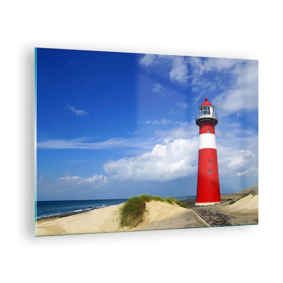 Impression sur verre - Image sur verre - Un phare rouge contre un ciel bleu - 70x50cm - Rêve de solitude - Décoration murale moderne pour le salon et la chambre ARTTOR