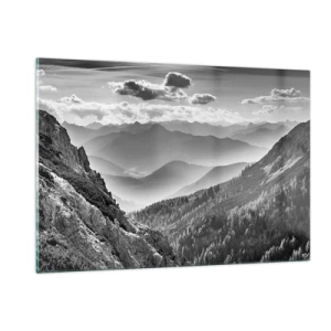 Impression sur verre - Image sur verre - Panorama de montagne en noir et blanc avec vue sur la vallée - 120x80cm - Jusqu'à l'horizon - Décoration murale moderne pour le salon et la chambre ARTTOR
