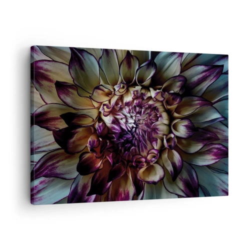 Impression sur toile - Image sur toile - Gros plan d'une fleur de dahlia dans des tons sombres - 70x50cm - L'apogée de la jeunesse - Décoration murale moderne pour le salon et la chambre ARTTOR