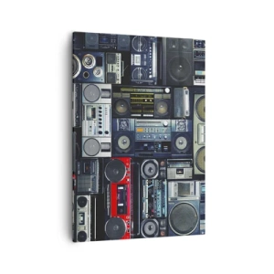 Impression sur toile - Image sur toile - Un collage de magnétophones rétro et d'enceintes vintage. - 50x70cm - Nostalgie des années 80 - Décoration murale moderne pour le salon et la chambre ARTTOR