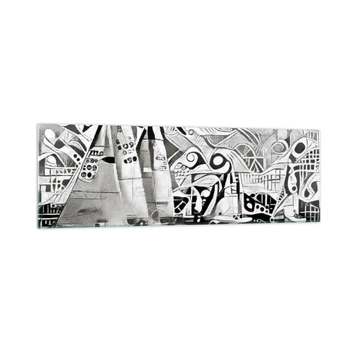 Impression sur verre - Image sur verre - Voiliers abstraits dans une composition monochrome - 160x50cm - Entre les vagues - Décoration murale moderne pour le salon et la chambre ARTTOR