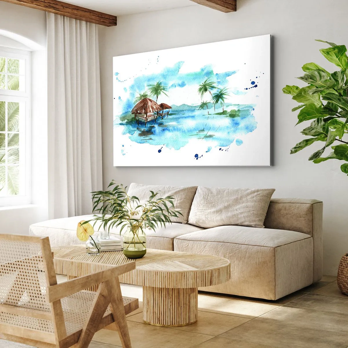 Impression sur toile - Image sur toile - Aquarelle représentant un paysage tropical avec des maisons et des palmiers - 100x70cm - Quelque part dans le Pacifique - Décoration murale moderne pour le salon et la chambre ARTTOR