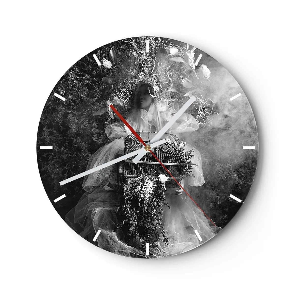 Horloge murale - Pendule murale - Figure artistique avec une cage et une composition florale dans la fumée - 30x30cm - Tout simplement Mère Nature - Décoration murale moderne pour le salon, la cuisine et la chambre ARTTOR