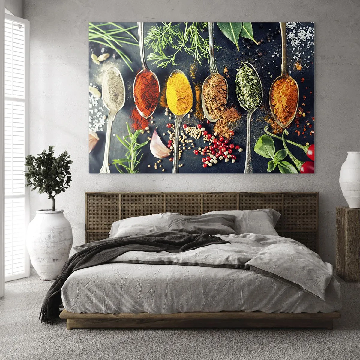 Impression sur verre - Image sur verre - Épices colorées dans des cuillères entourées d'herbes fraîches et de légumes - 120x80cm - Magie culinaire - Décoration murale moderne pour le salon et la chambre ARTTOR