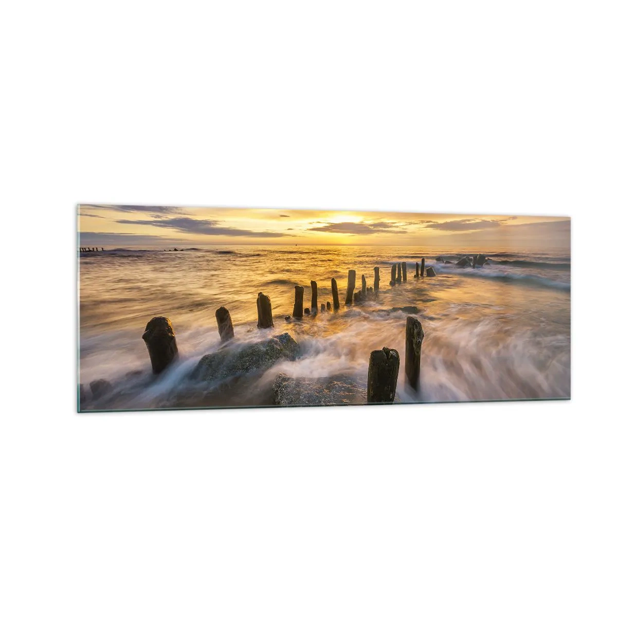 Impression sur verre - Image sur verre - Coucher de soleil sur la mer avec les vestiges d'une ancienne jetée - 140x50cm - La beauté brute de la mer Baltique - Décoration murale moderne pour le salon et la chambre ARTTOR