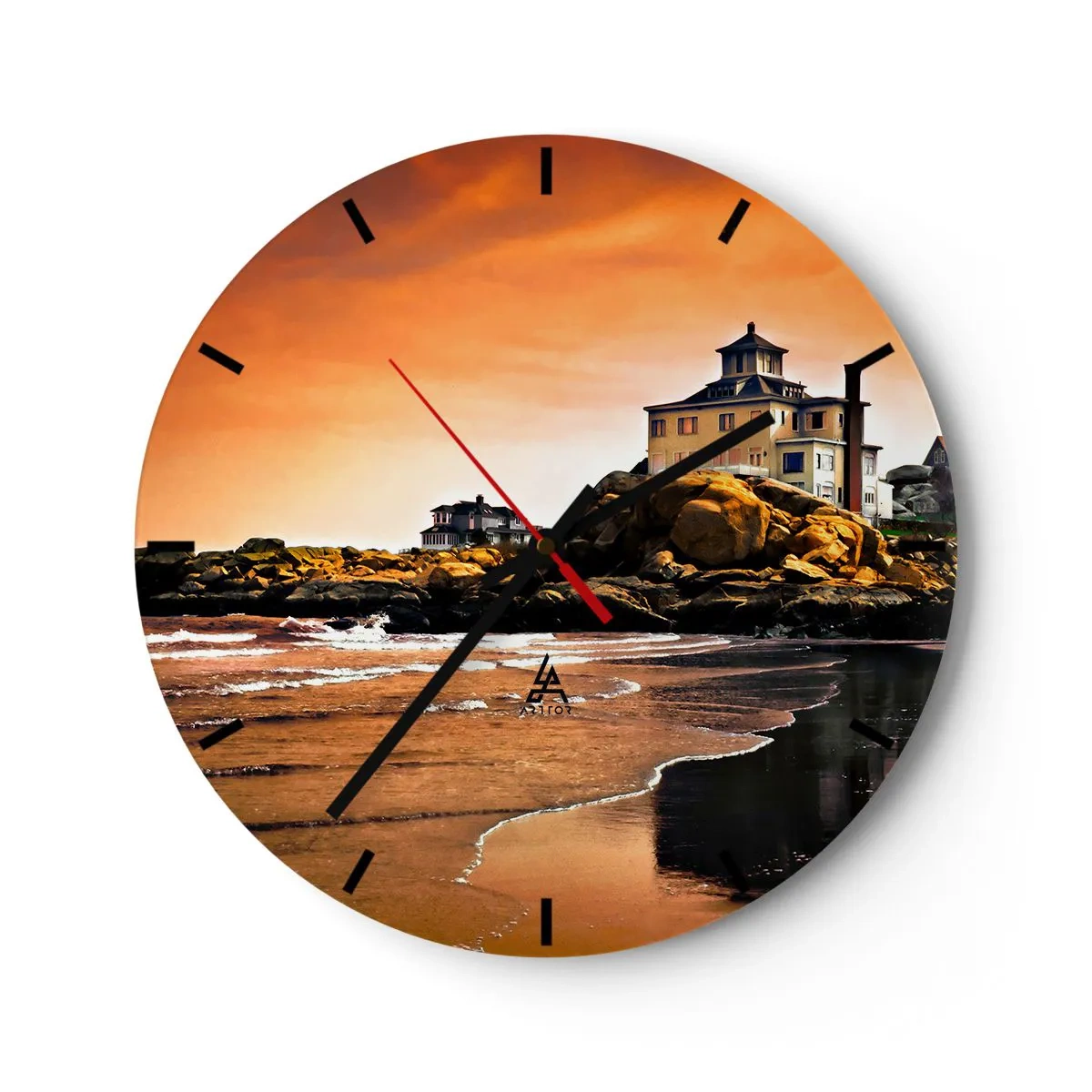 Horloge murale - Pendule murale - Une maison sur une côte rocheuse au coucher du soleil - 30x30cm - L'élégance de la côte ouest - Décoration murale moderne pour le salon, la cuisine et la chambre ARTTOR