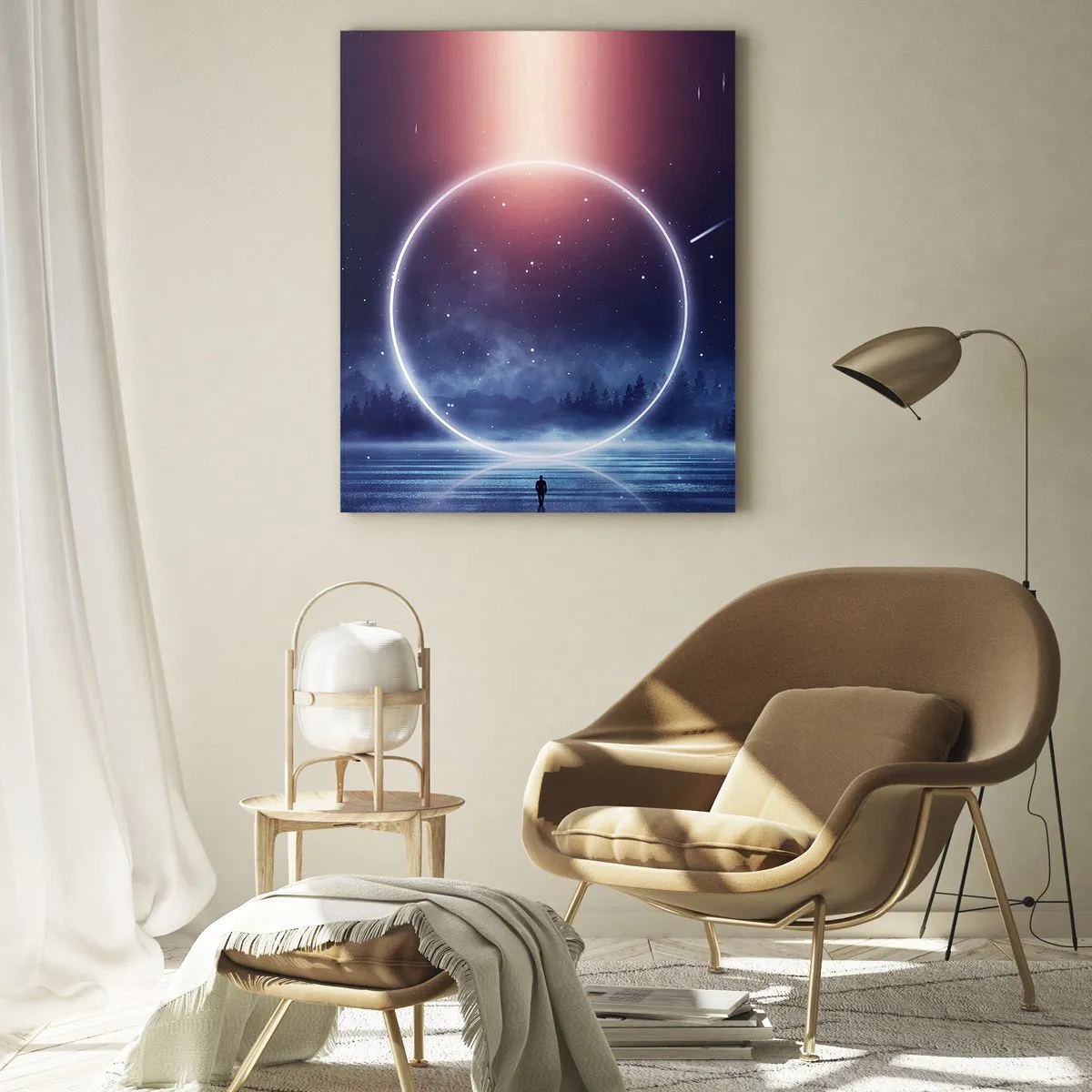 Impression sur verre - Image sur verre - Un paysage magique avec une silhouette et un cercle de lumière la nuit - 80x120cm - Ils sont déjà là... - Décoration murale moderne pour le salon et la chambre ARTTOR