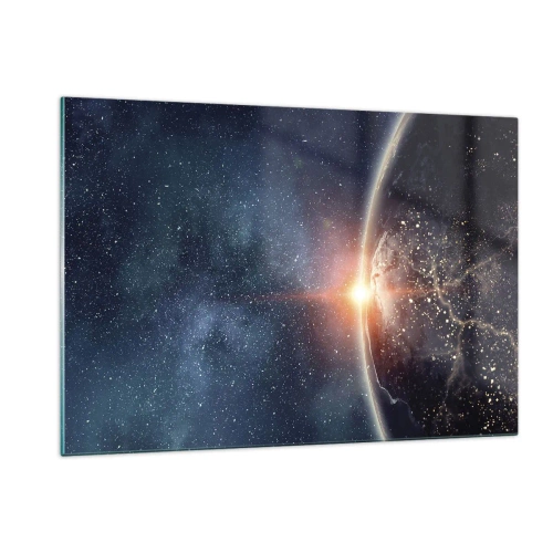 Impression sur verre - Image sur verre - La Terre illuminée par les rayons du soleil dans l'espace - 120x80cm - Dans une nouvelle perspective - Décoration murale moderne pour le salon et la chambre ARTTOR