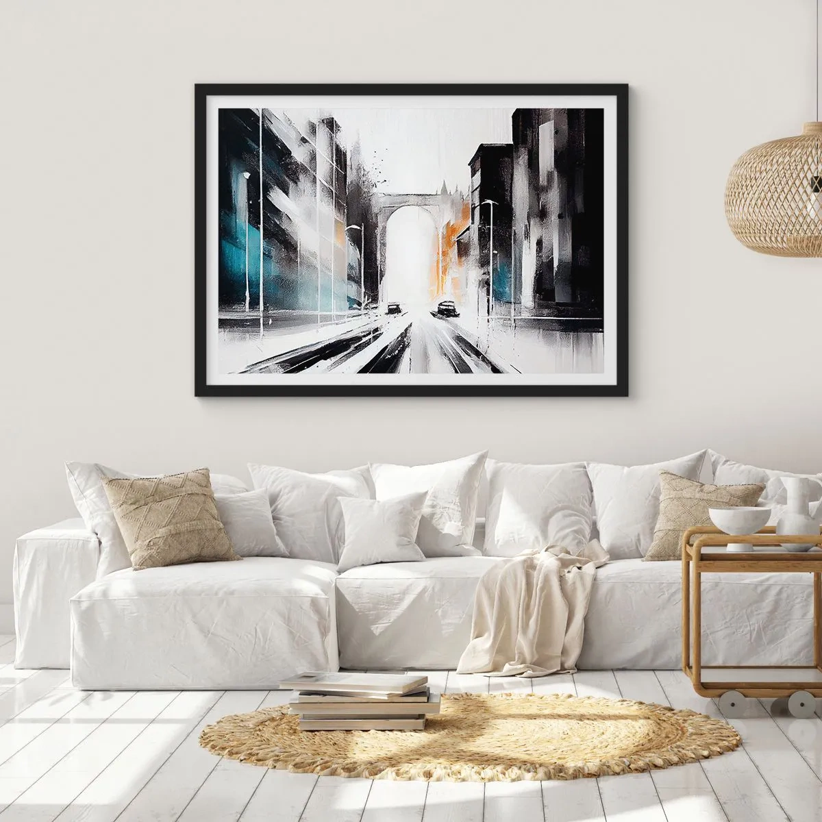 Affiche dans un cadre noir - Poster - Panorama abstrait de la ville avec un pont en arc - 70x50cm - Étude de ville : architecture et mouvement - Décoration murale moderne pour le salon et la chambre ARTTOR