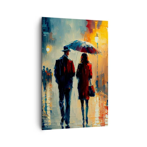 Impression sur toile - Image sur toile - Marcher sous la pluie sous un parapluie en ville la nuit - 80x120cm - Histoire d'amour urbaine - Décoration murale moderne pour le salon et la chambre ARTTOR