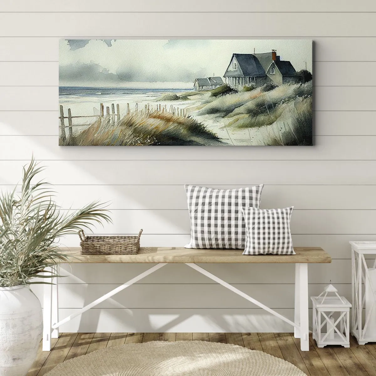 Impression sur toile - Image sur toile - Une maison de bord de mer entourée d'herbe et surplombant la mer - 120x50cm - Loin de l'agitation - Décoration murale moderne pour le salon et la chambre ARTTOR