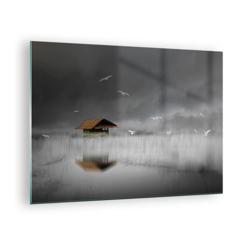 Impression sur verre - Image sur verre - Une maison sur l'eau dans le brouillard avec des oiseaux qui volent - 70x50cm - A l'abri de la pluie - Décoration murale moderne pour le salon et la chambre ARTTOR