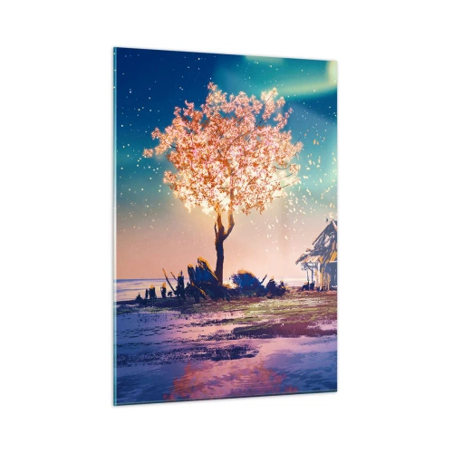 Impression sur verre - Image sur verre - Un paysage magique avec un arbre en fleurs et un chalet - 50x70cm - La nature ne passe pas - Décoration murale moderne pour le salon et la chambre ARTTOR