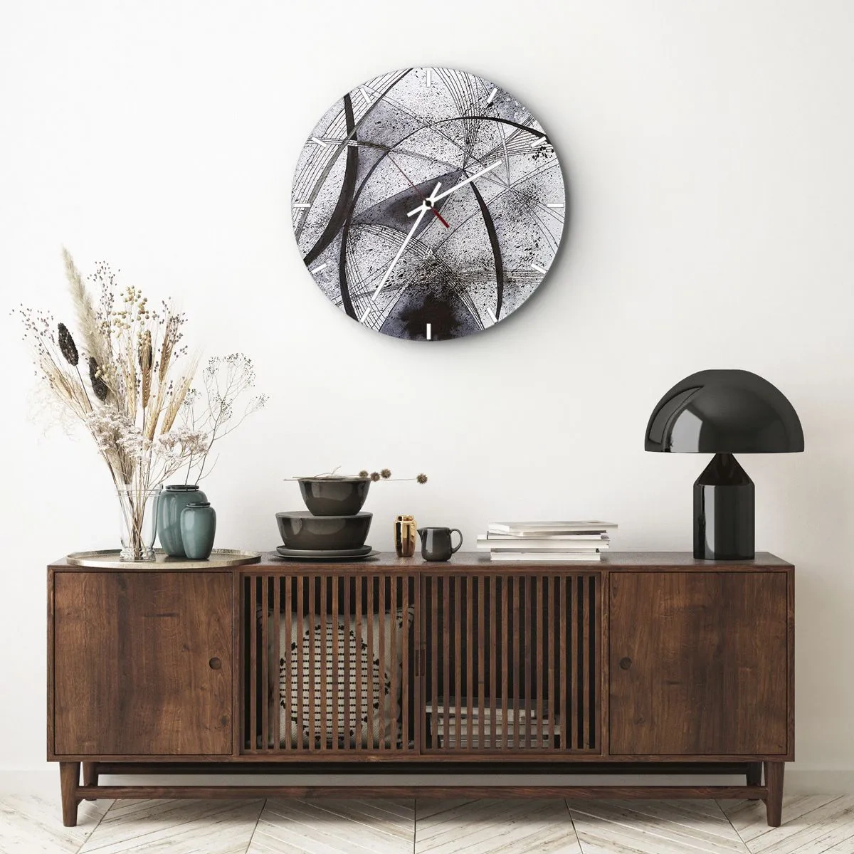 Horloge murale - Pendule murale - Abstraction en noir et blanc avec des lignes et des taches dynamiques - 30x30cm - Fantaisie futuriste - Décoration murale moderne pour le salon, la cuisine et la chambre ARTTOR