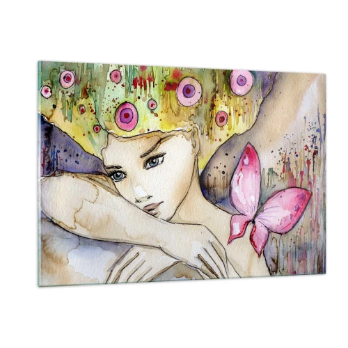 Impression sur verre - Image sur verre - Portrait d'une femme avec une coiffure colorée et un papillon à l'aquarelle - 120x80cm - La princesse papillon - Décoration murale moderne pour le salon et la chambre ARTTOR