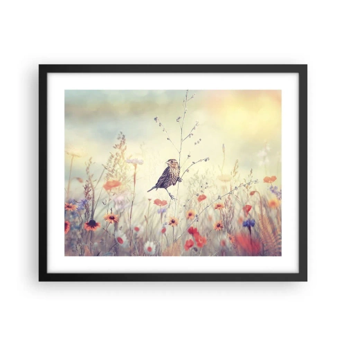 Affiche dans un cadre noir - Poster - Portrait d'oiseau sur pré en fond - 50x40 cm