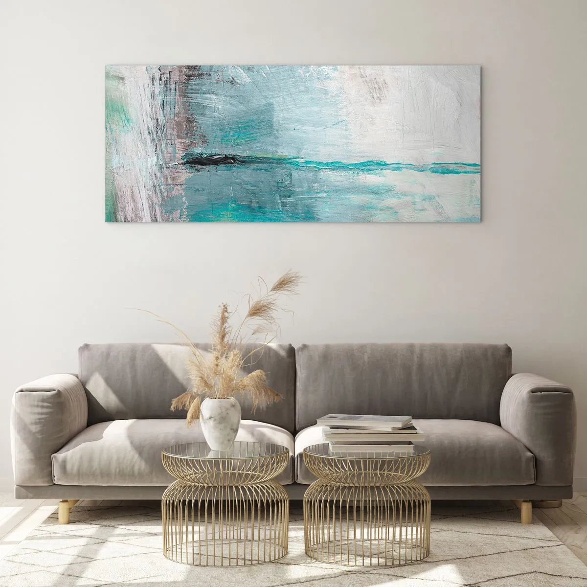 Impression sur verre - Image sur verre - Abstraction dans les tons turquoise et gris - 160x50cm - Horizontalement en bleu - Décoration murale moderne pour le salon et la chambre ARTTOR