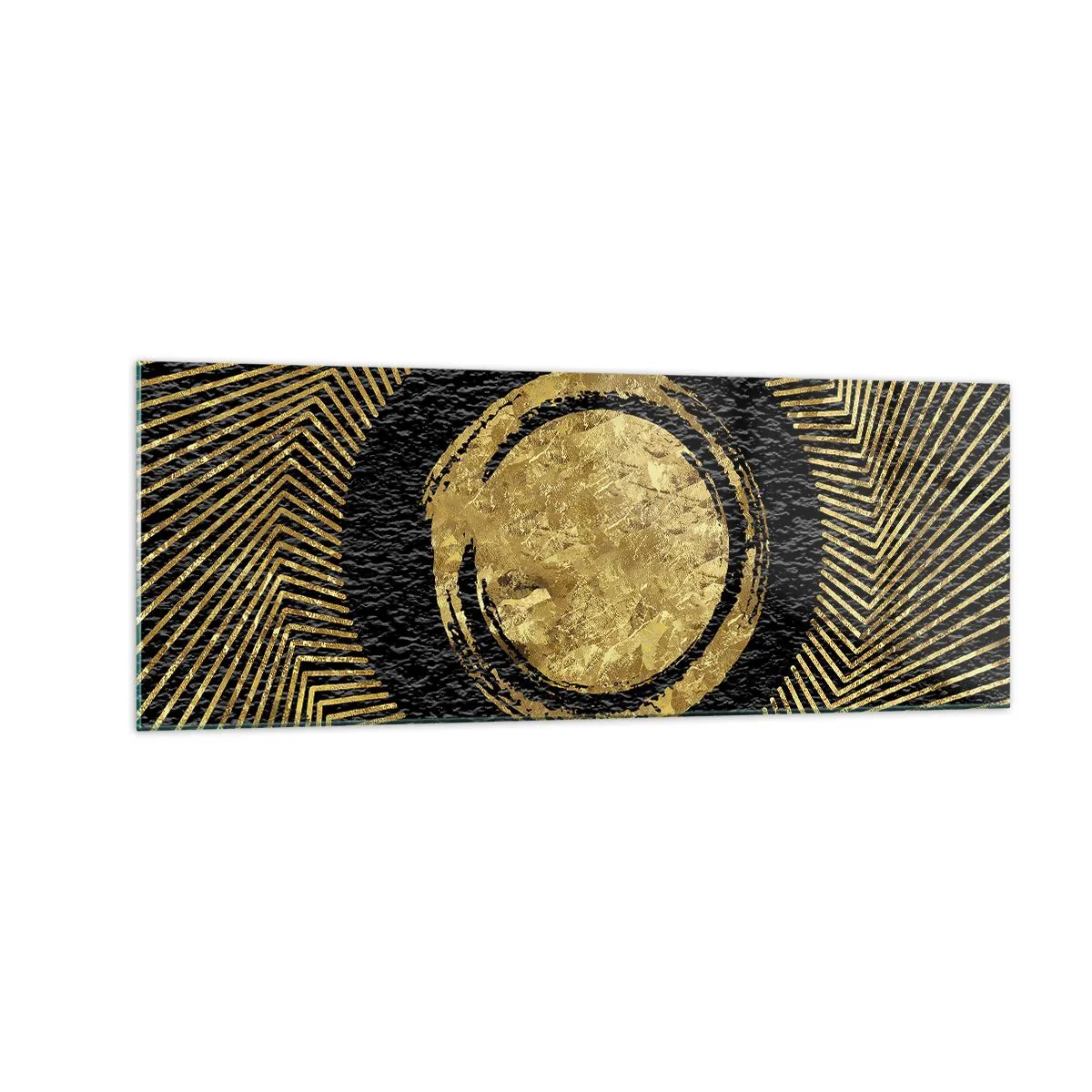 Impression sur verre - Image sur verre - Composition géométrique en noir et or avec des rayons - 140x50cm - Composition glamour - Décoration murale moderne pour le salon et la chambre ARTTOR
