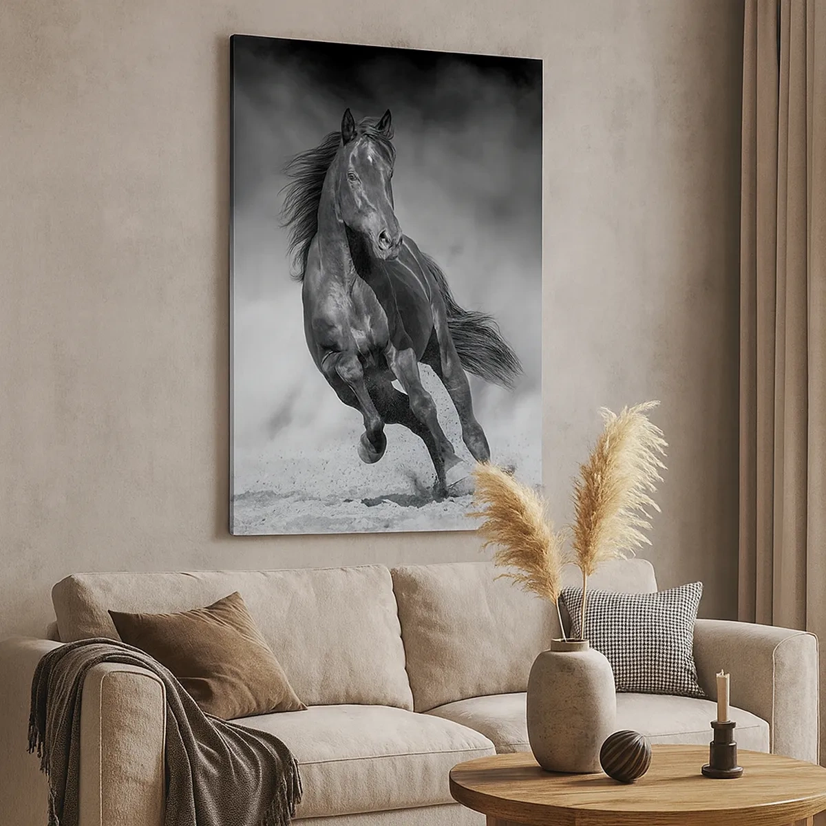 Impression sur toile - Image sur toile - Un cheval noir et blanc galopant sur le sable - 50x70cm - Digne de l'émir lui-même - Décoration murale moderne pour le salon et la chambre ARTTOR