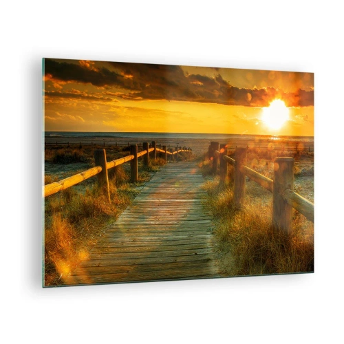 Impression sur verre - Image sur verre - Un chemin en bois menant vers le soleil couchant - 70x50cm - Baigné dans le vieil or - Décoration murale moderne pour le salon et la chambre ARTTOR