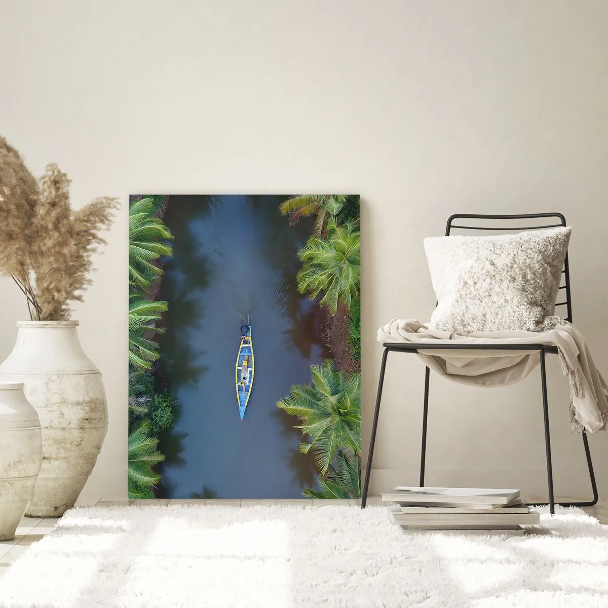 Impression sur verre - Image sur verre - Vue aérienne d'un bateau naviguant dans un canal parmi des palmiers tropicaux - 50x70cm - Sur un sentier tropical - Décoration murale moderne pour le salon et la chambre ARTTOR