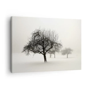 Impression sur toile - Image sur toile - Arbres dans un champ enneigé entouré de brouillard - 70x50cm - Un rêve hivernal - Décoration murale moderne pour le salon et la chambre ARTTOR