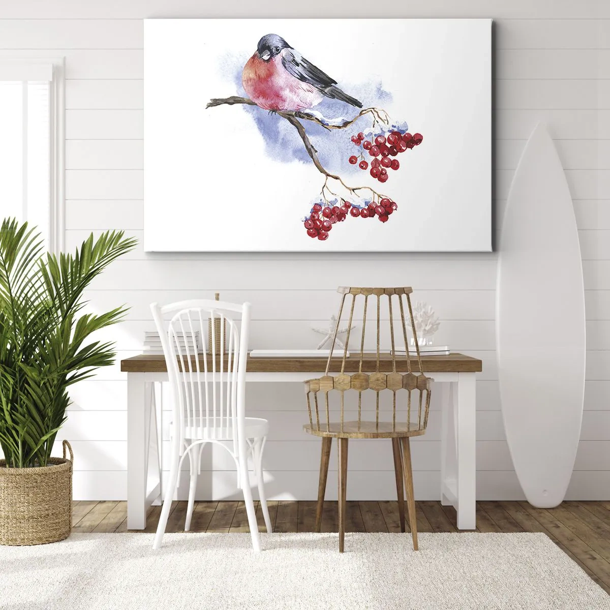 Impression sur toile - Image sur toile - Oiseau sur une branche avec des fruits rouges sur fond aquarelle - 70x50cm - L'hiver en couleurs - Décoration murale moderne pour le salon et la chambre ARTTOR