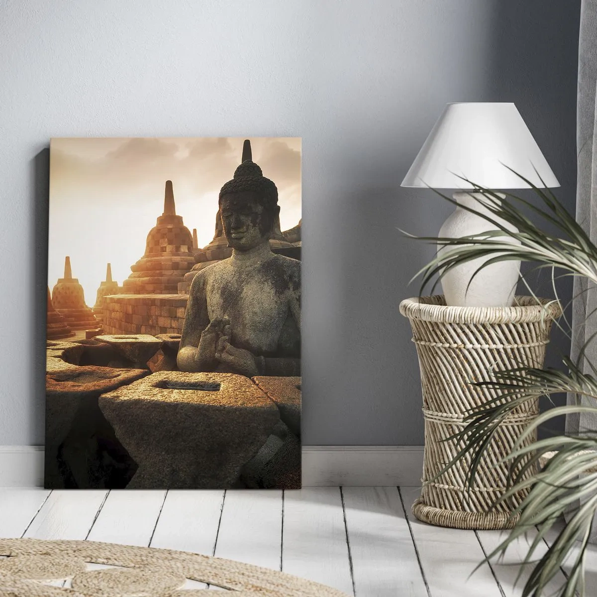 Impression sur toile - Image sur toile - Statue de Bouddha au temple de Borobudur au coucher du soleil - 80x120cm - Temps de grande sagesse - Décoration murale moderne pour le salon et la chambre ARTTOR