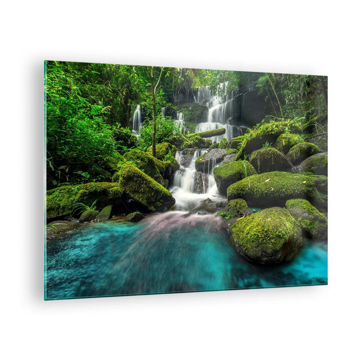 Impression sur verre - Image sur verre - Une cascade exotique entourée d'une végétation luxuriante et d'eau turquoise - 70x50cm - Turquoise, saphirs et argent liquide - Décoration murale moderne pour le salon et la chambre ARTTOR