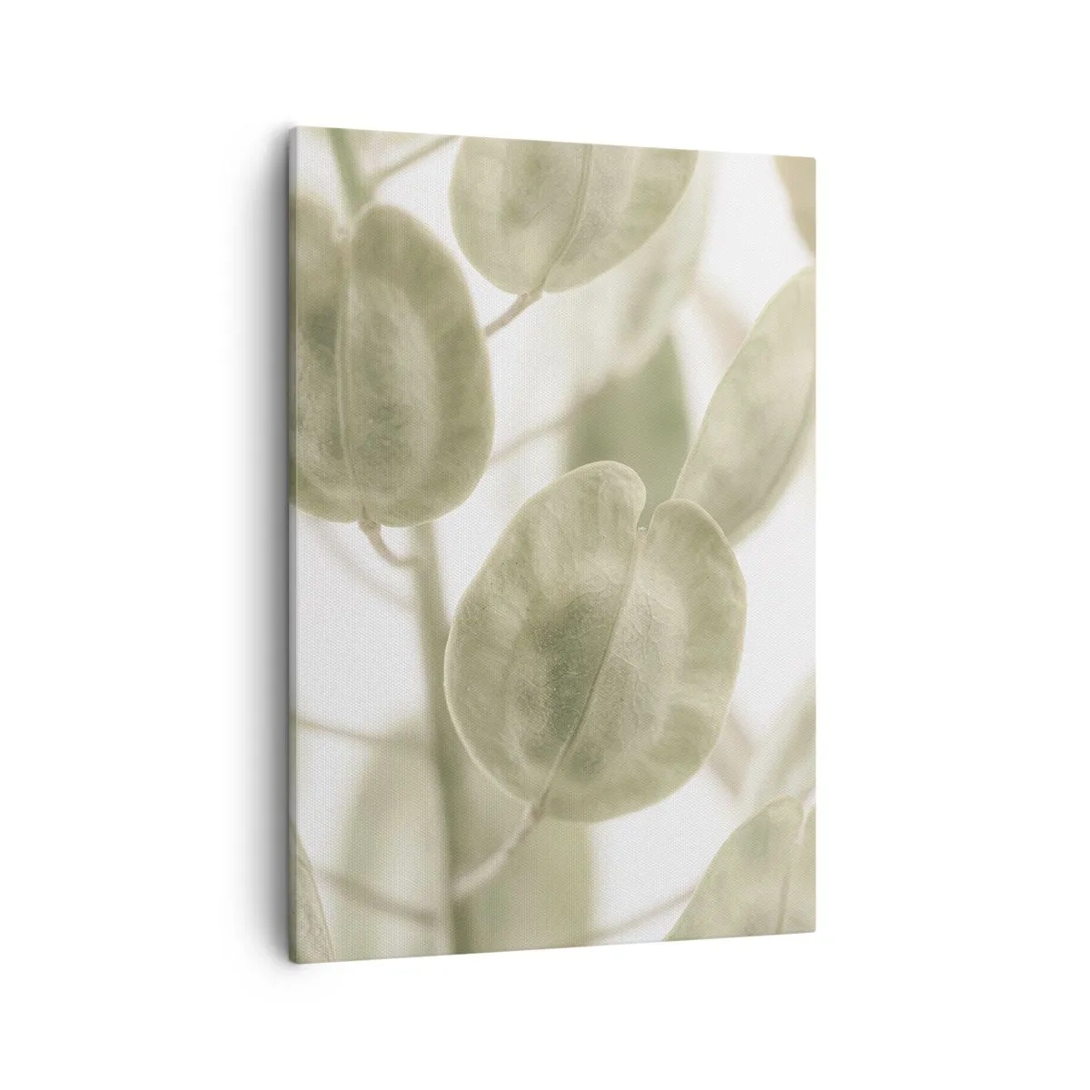 Impression sur toile - Image sur toile - Une peinture délicate de feuilles dans des tons pastel de vert sur un fond clair. - 50x70cm - Au commencement il y avait des feuilles... - Décoration murale moderne pour le salon et la chambre ARTTOR