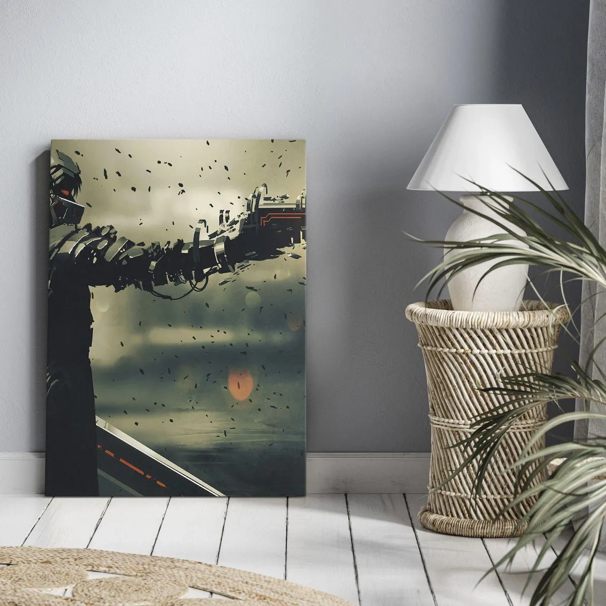 Impression sur toile - Image sur toile - Guerrier cybernétique avec des armes futuristes - 50x70cm - L'arme fatale - Votre propre Terminator - Décoration murale moderne pour le salon et la chambre ARTTOR