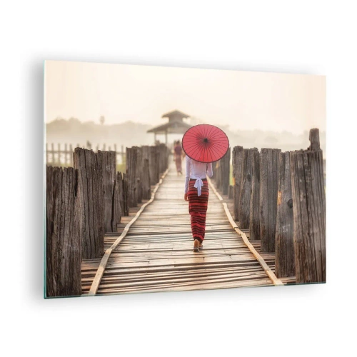 Impression sur verre - Image sur verre - Une femme avec un parapluie rouge sur un pont en bois - 70x50cm - Sur le vieux pont - Décoration murale moderne pour le salon et la chambre ARTTOR