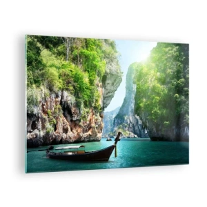 Impression sur verre - Image sur verre - Un bateau traditionnel sur une eau turquoise entre des falaises - 70x50cm - Une invitation à un voyage exotique - Décoration murale moderne pour le salon et la chambre ARTTOR