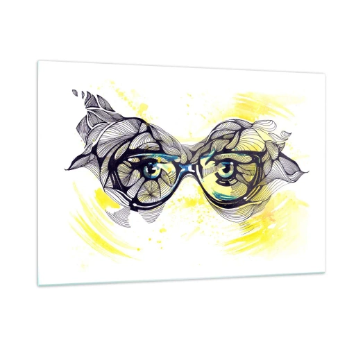 Impression sur verre - Image sur verre - Lunettes avec motifs artistiques et yeux sur fond jaune - 120x80cm - À travers des lunettes bleues - Décoration murale moderne pour le salon et la chambre ARTTOR
