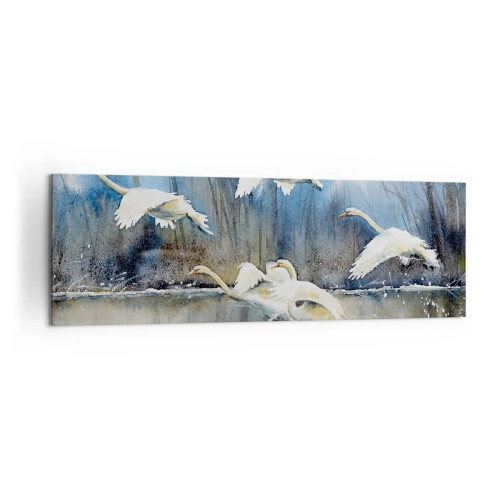 Impression sur toile - Image sur toile - Cygnes en vol au-dessus d'un lac gelé dans un paysage hivernal - 160x50cm - Comme dans un conte de fées sur les cygnes sauvages - Décoration murale moderne pour le salon et la chambre ARTTOR