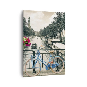 Impression sur toile - Image sur toile - Un pont avec des vélos et des fleurs sur un canal à Amsterdam - 50x70cm - Couleurs de rue d'Amsterdam - Décoration murale moderne pour le salon et la chambre ARTTOR