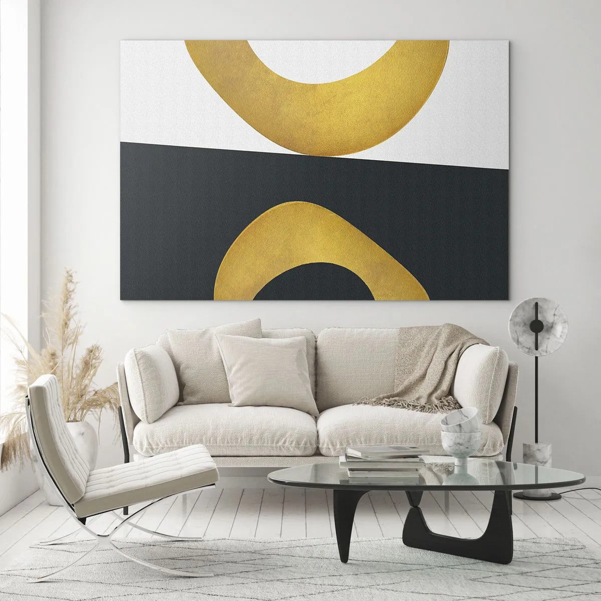 Impression sur verre - Image sur verre - Formes géométriques dorées sur fond blanc et noir - 70x50cm - Avant tout : l’or - Décoration murale moderne pour le salon et la chambre ARTTOR