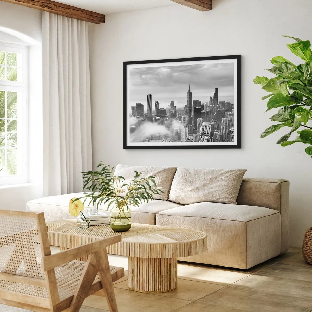 Affiche dans un cadre noir - Poster - Panorama de la ville avec des gratte-ciels dans les nuages en noir et blanc - 70x50cm - Paysage américain - Décoration murale moderne pour le salon et la chambre ARTTOR