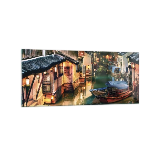 Impression sur verre - Image sur verre - Vue nocturne des canaux avec bateaux et maisons traditionnels - 120x50cm - Soirée dans une rue chinoise - Décoration murale moderne pour le salon et la chambre ARTTOR